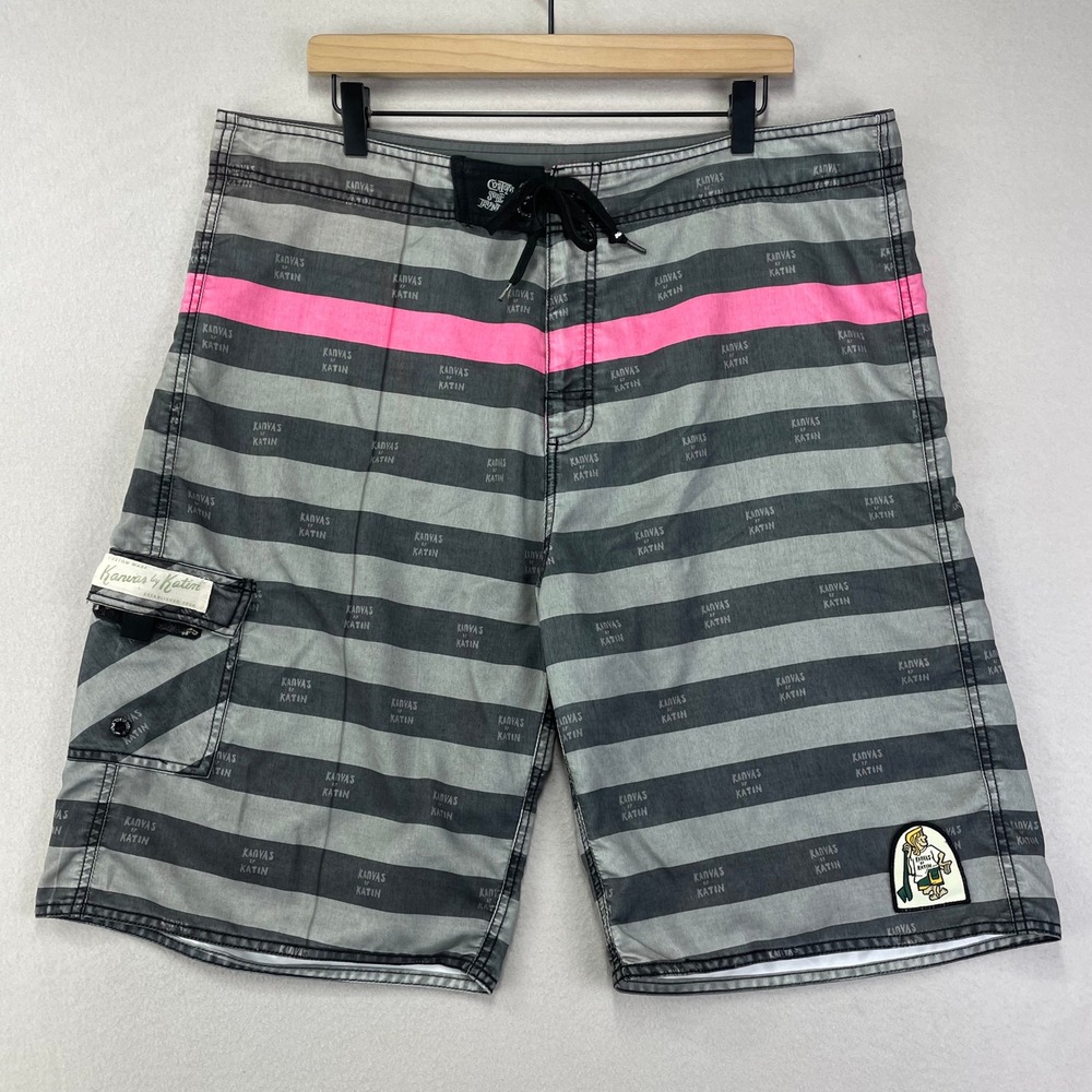 VTG Kanvas by Katin Boardshorts Mens 38 Grey Striped Baggy Loose Long 23" Surf